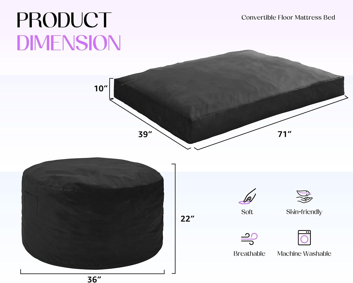Hobestluk Giant Bean Bag Chair Bed for Adults, Large Bean Bags with High-Density Foam Filling, Convertible Big Sofa Bed Couch for Living Room, Bedroom, Playroom (Black, Twin)