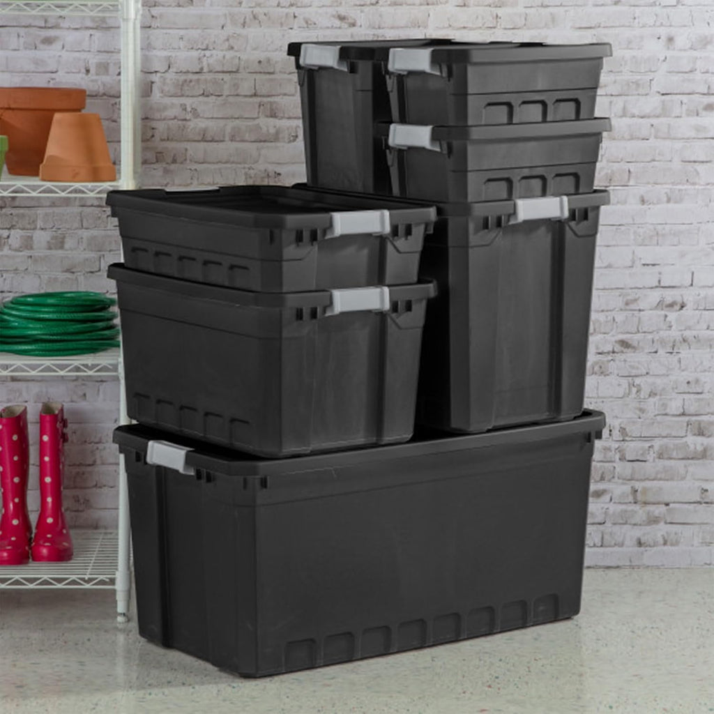 Sterilite 6-Pack Plastic Storage Bins with Lids, Stackable Containers, 50 Gallon, Black