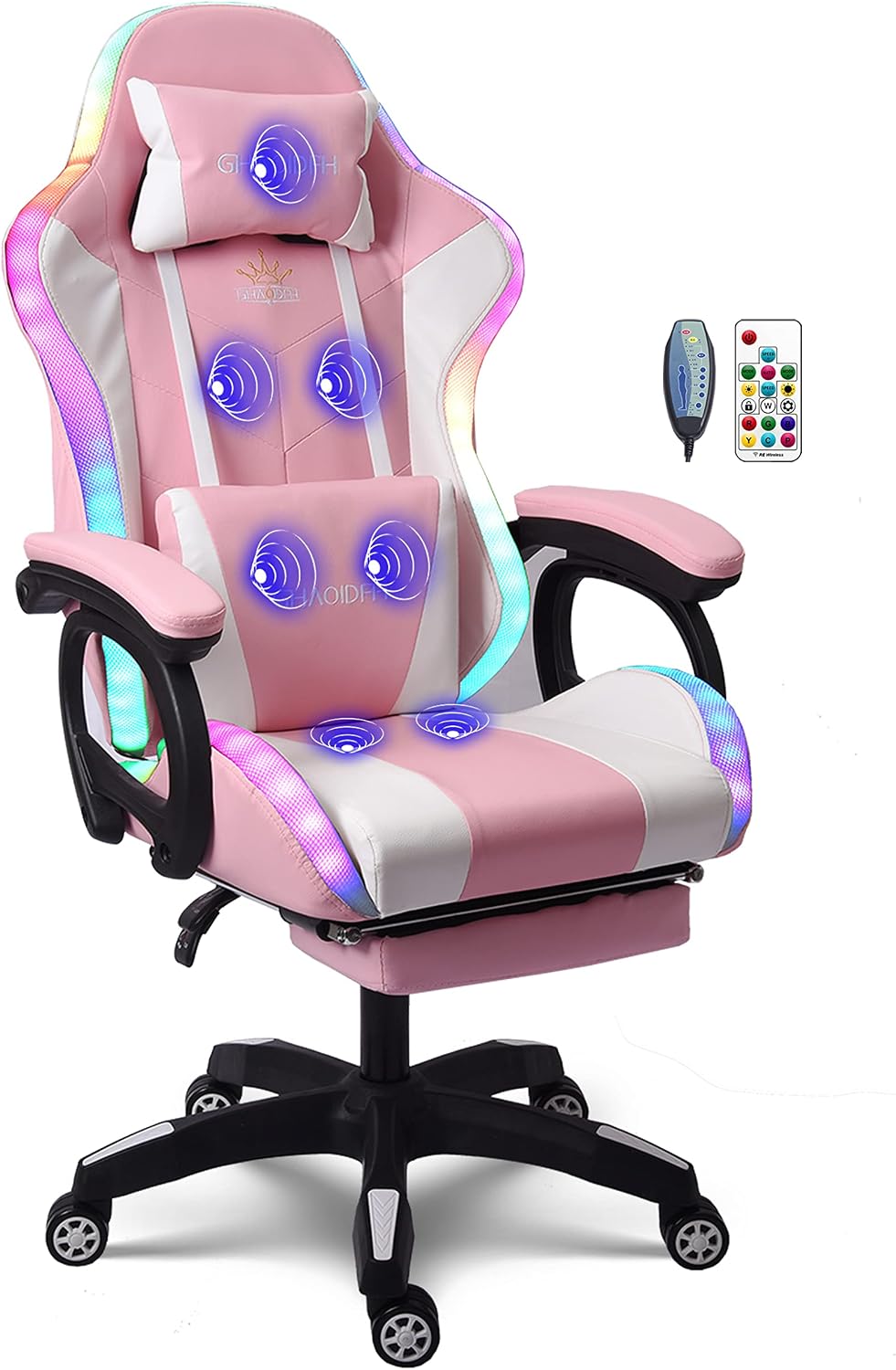 Ergonomic Gaming Chair with Massage and Speaker, Gaming Chair with Footrest Headrest and Lumbar Support, Racing Chair with RGB Lights, Gaming Chair for Kids,Gaming Chair for Adults.,Pink