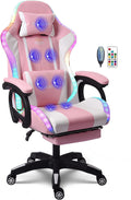 Ergonomic Gaming Chair with Massage and Speaker, Gaming Chair with Footrest Headrest and Lumbar Support, Racing Chair with RGB Lights, Gaming Chair for Kids,Gaming Chair for Adults.,Pink
