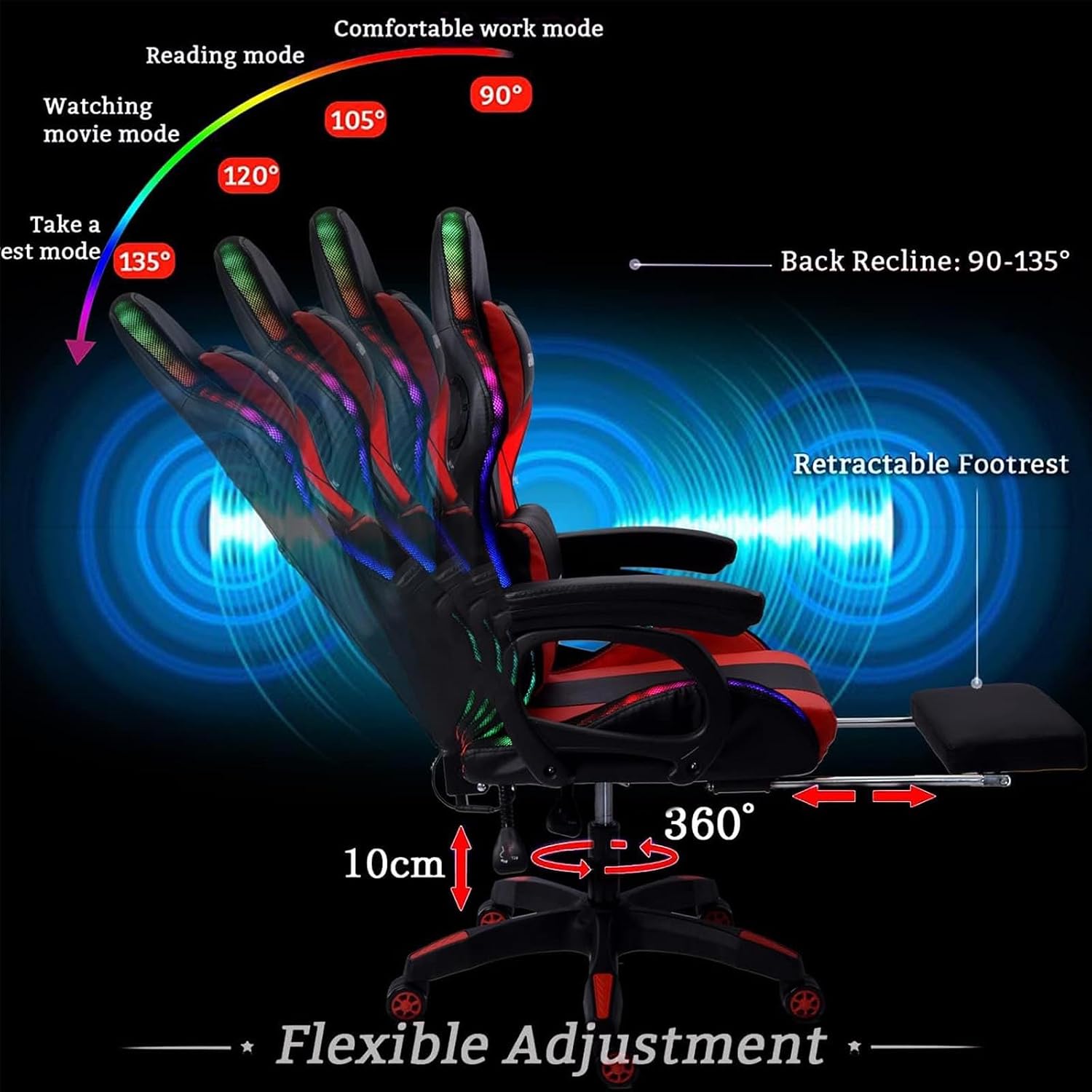 Gaming Chair with Bluetooth Speakers,Computer Chair Massage with LED Lights,Ergonomic Game Chair,Computer Stool with Footrest and Lumbar Support Height Adjustable with 360°-Swivel Seat (Red)