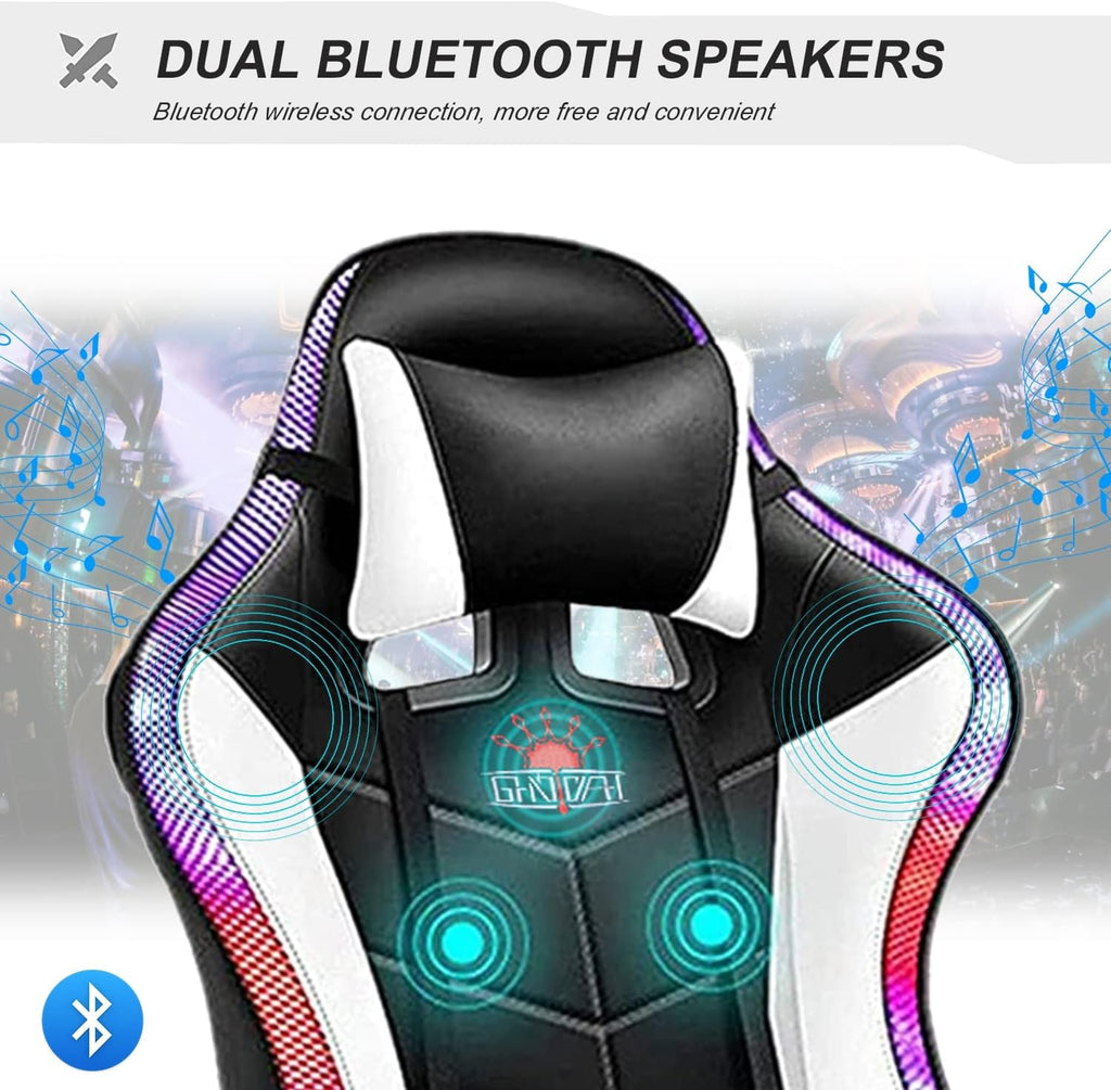 XOOFMASS Gaming Chair with Speakers Video Game Chair with RGB LED Lights Ergonomic Racing Office Chair, PU Leather Recliner Computer Chair Swivel E-Sports Chair with Armrest and Lumbar Support,White