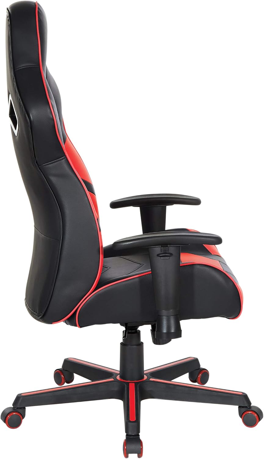 OSP Home Furnishings Vapor Ergonomic Adjustable High Back Faux Leather Gaming Chair with Coil Spring Seat and Integrated Cooling Airflow, Red Accents
