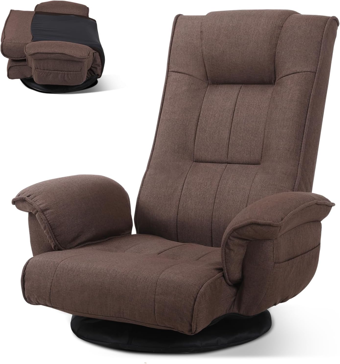 Linen Fabric Ergonomic Gaming Chair, 6-Position Reclining Sofa Bed with Lumbar Support, Foldable Floor Lounger with Thick Cushion, Armrests & Side Pockets for Esports, Reading, Napping (Brown)