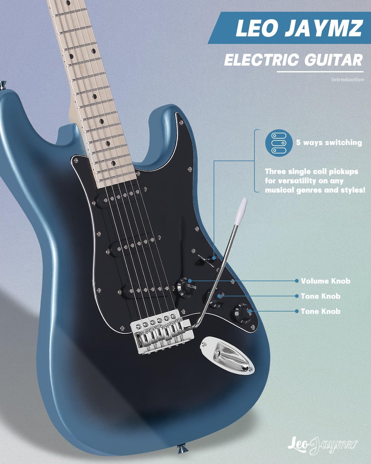 Leo Jaymz 39' Full Size ST Style Electric Guitar Starter Kit with SSS Pickups, 5W Portable Amp, Tuner, Gig Bag, Strap & Accessories(Blue Black 5W)