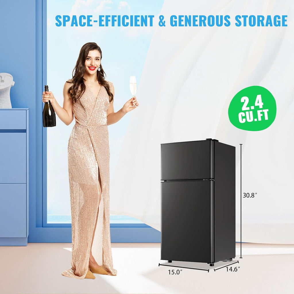 DEMULLER 45L Mini Fridge with Top Freezer Small Refrigerator with Two Door & 7 Temperature Settings & 2 Remoable Shelves Ideal for Kitchen Office Apt Dark Gray