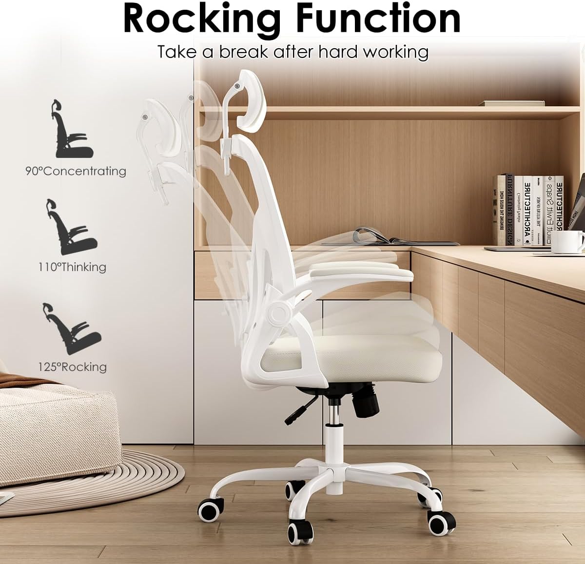 Farini Ergonomic Office Chair, Home Office Desk Chair with Headrest, High Back Swivel Computer Chair with Armrests and Adjustable Lumbar Support for Home Office Study Room, White & Beige