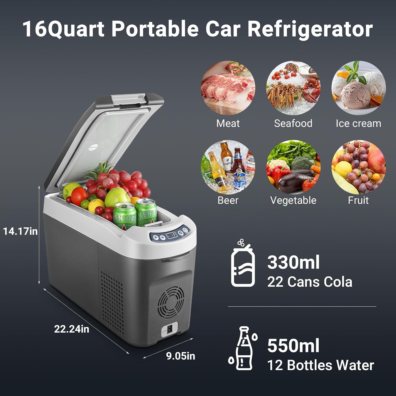 BODEGA BODEGACOOLER 12-Volt Car Refrigerator, 16-Quart Small Car Fridge, Portable Freezer (-4℉ to 68℉), Car Cooler with 12/24V DC for Outdoor, Vehicles, Camping, Travel