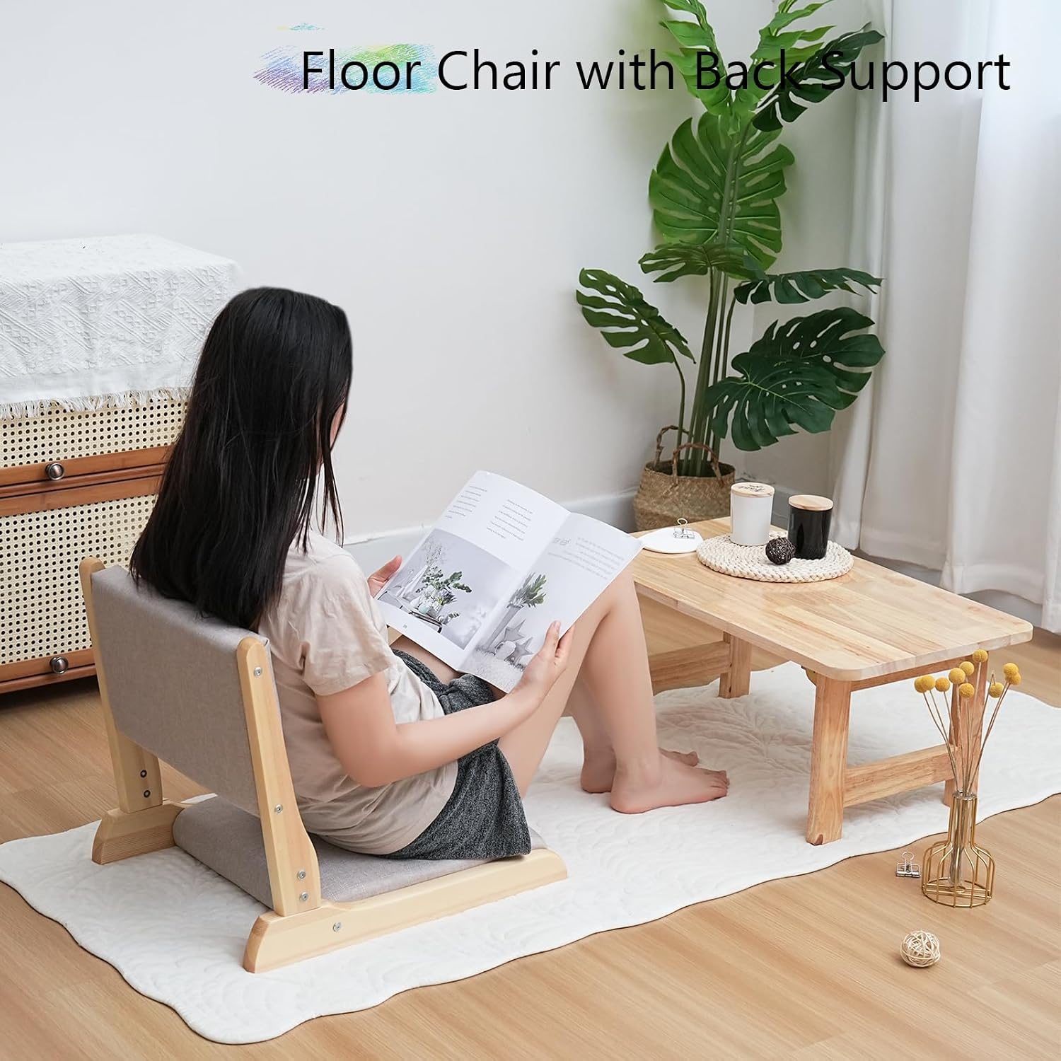 Japanese Floor Chair with Back Support, Foldable Meditation Chair, Legless Tatami Chair with Cushion, Floor Seat for Living Room, Bedroom, Bay Window (2, Gray)