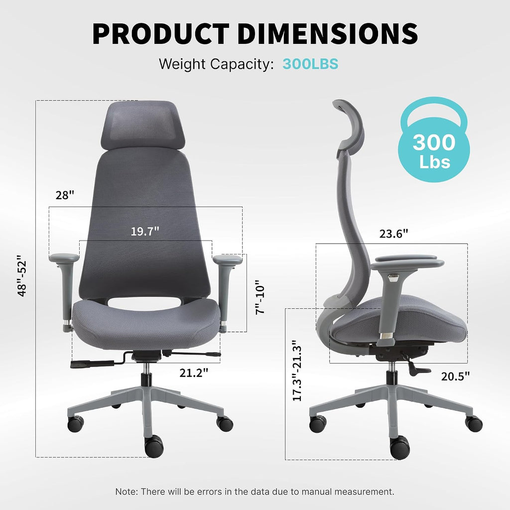 Ergonomic Mesh Office Chair with S-Shaped Backrest, 4D Adjustable Armrests, Sliding Seat Depth, Fixed Headrest, Dual-Layer Mesh, 130° Recline, SGS Class 3 Gas Lift, 300 lbs Capacity