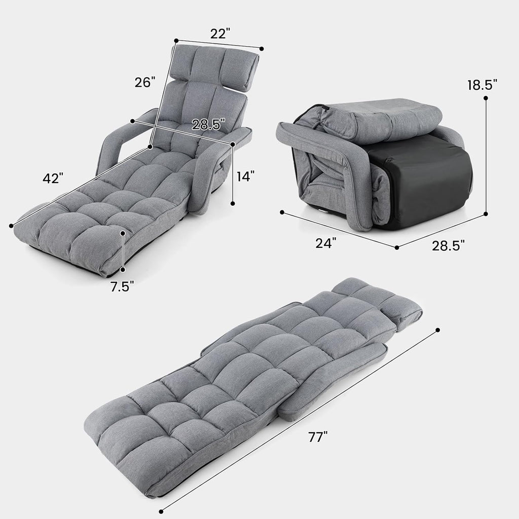 KOMFOTT Foldable Floor Lazy Sofa, Indoor Chaise Lounge Sofa with 6 Adjustable Positions, Folding Chair Bed with Adjustable Armrests, Backrest & Footrest, Ideal for Living Room, Bedroom (Grey)