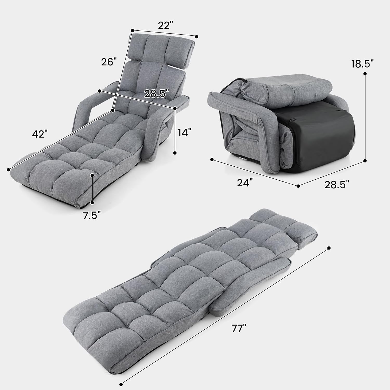 KOMFOTT Foldable Floor Lazy Sofa, Indoor Chaise Lounge Sofa with 6 Adjustable Positions, Folding Chair Bed with Adjustable Armrests, Backrest & Footrest, Ideal for Living Room, Bedroom (Grey)