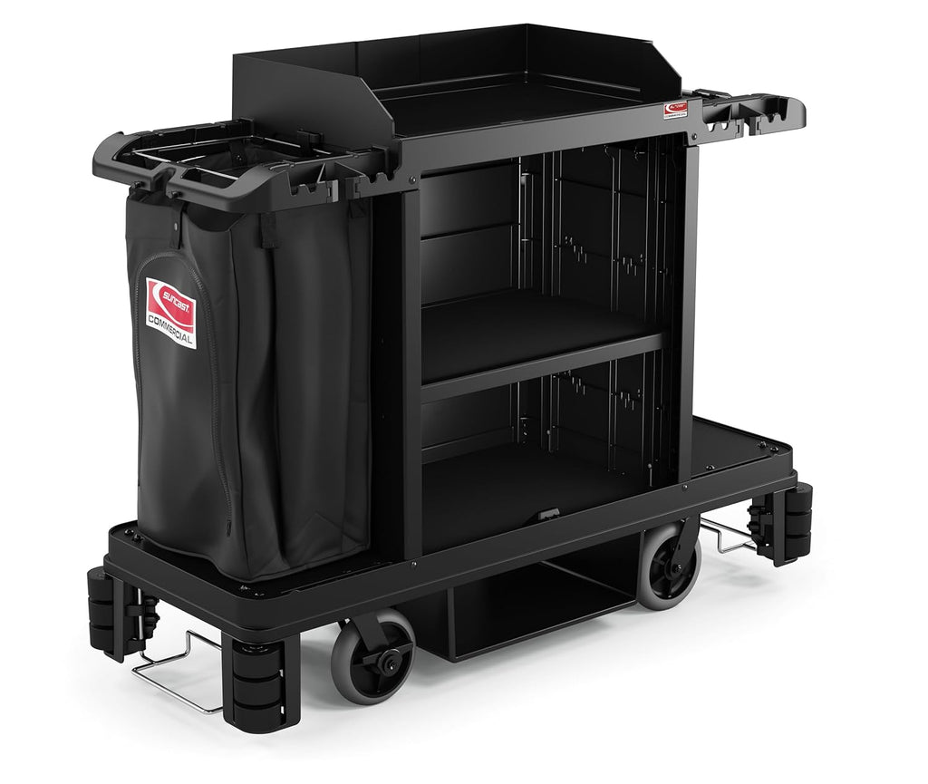 Suncast Commercial Standard Housekeeping Cart with Hanging Bag, Integrated Cleaning Tool Storage, 4-Tier Design, 56' Height x 22' Width, Made in The USA