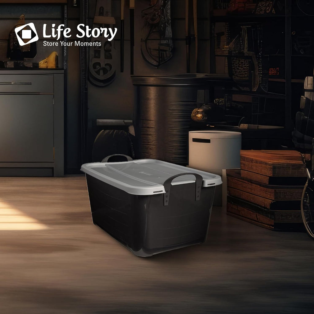 Life Story 24 Pack Heavy Duty Stackable Storage Bin, 55 Quart Home Organizer, Versatile Lightweight Locking Bins with Carrying Handles, Black/Gray