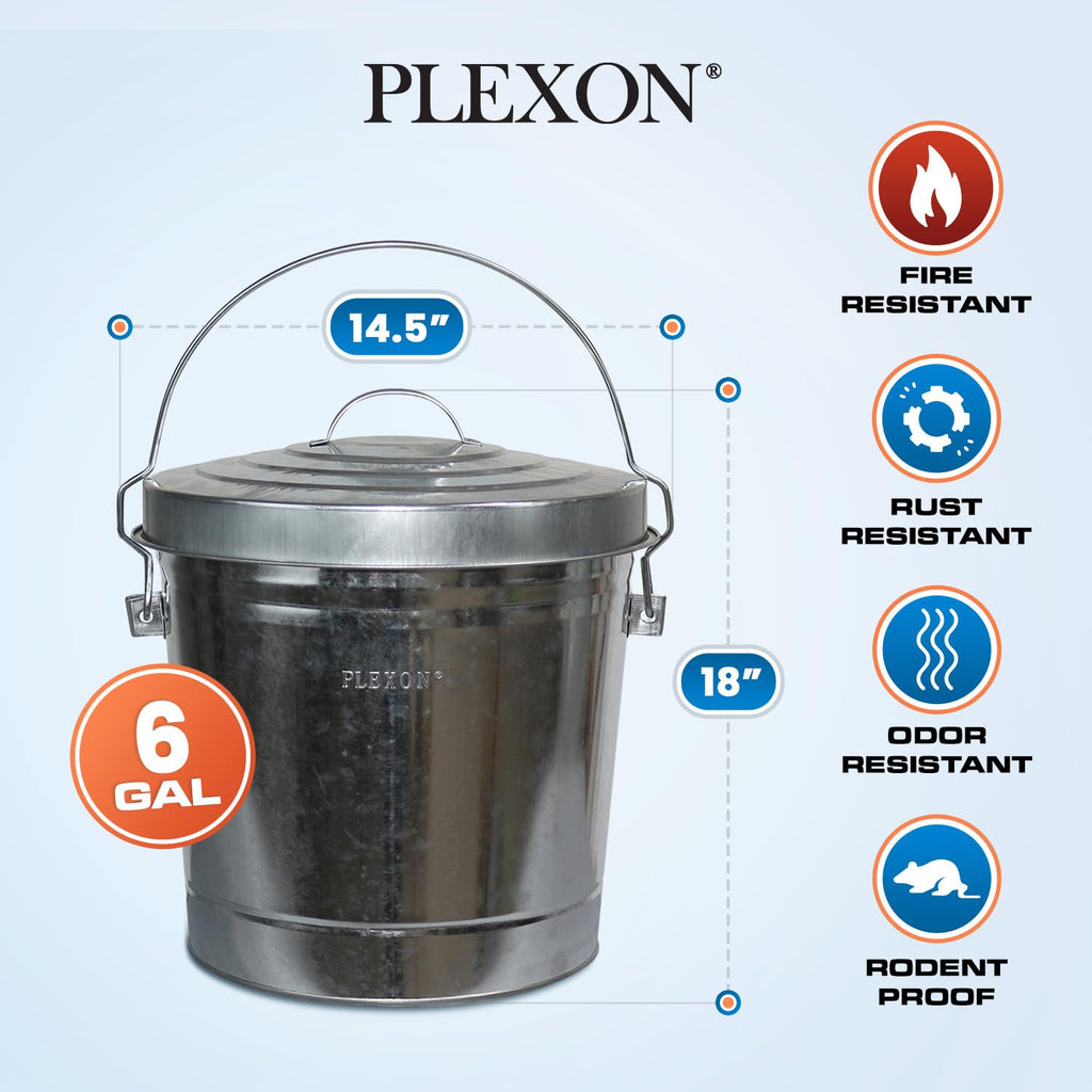 Plexon 6 Gallon Small Metal Trash Can with Locking Lid Galvanized Metal Bucket for Poultry Feed Bird Seed Storage Ash Outside Garbage Can with Lid, 3 Pack