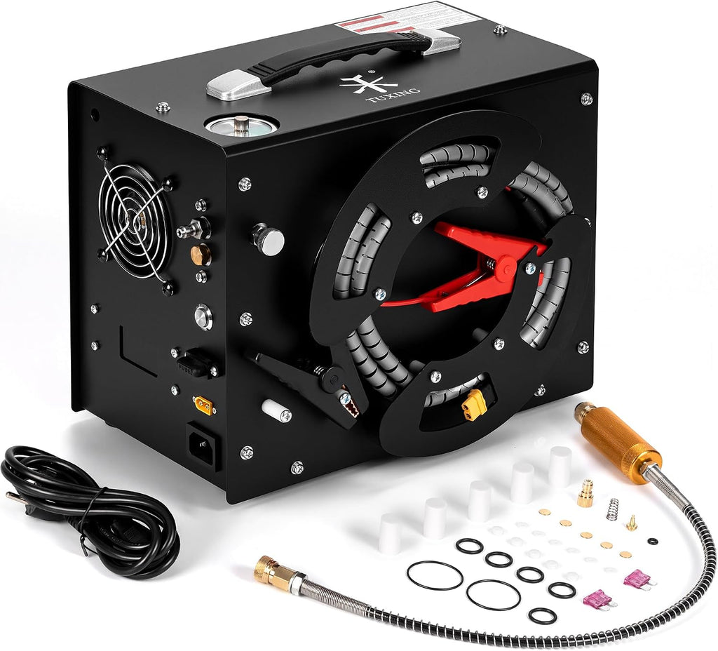TUXING PCP Air Compressor,4500Psi 30Mpa High Pressure Air Pump, Built-in DC12V/AC120V Power Converter,Auto-Stop,Oil&Water-Free,Paintball and Scuba Tank Compressor Pump(TXES062)