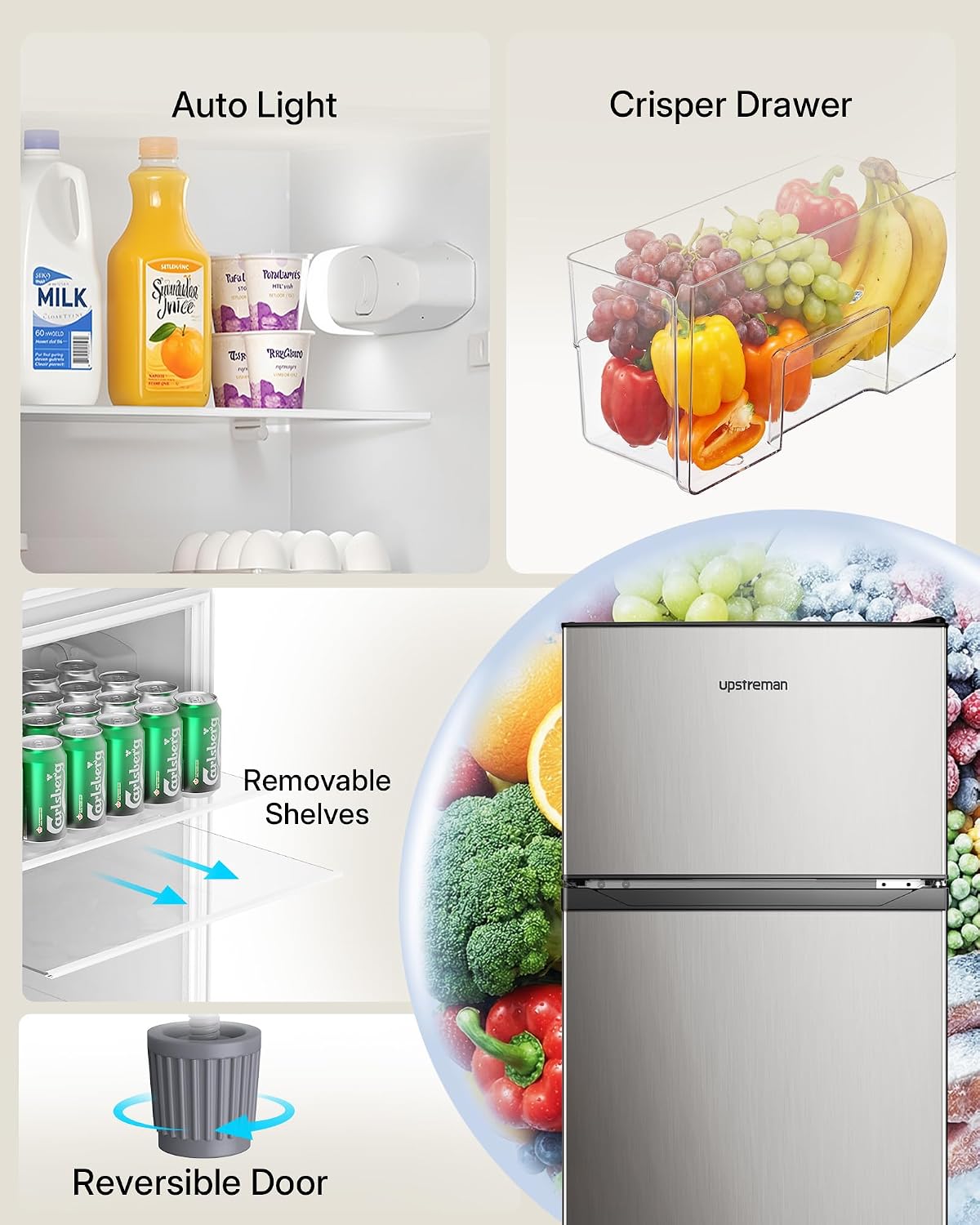 Upstreman 7.7 Cu.Ft. Refrigerator with Freezer, Double Door, Adjustable Thermostat, Large Capacity, Reversible Door Swing, Refrigerator for Apartment, Office, Dorm, Stainless (BD75)