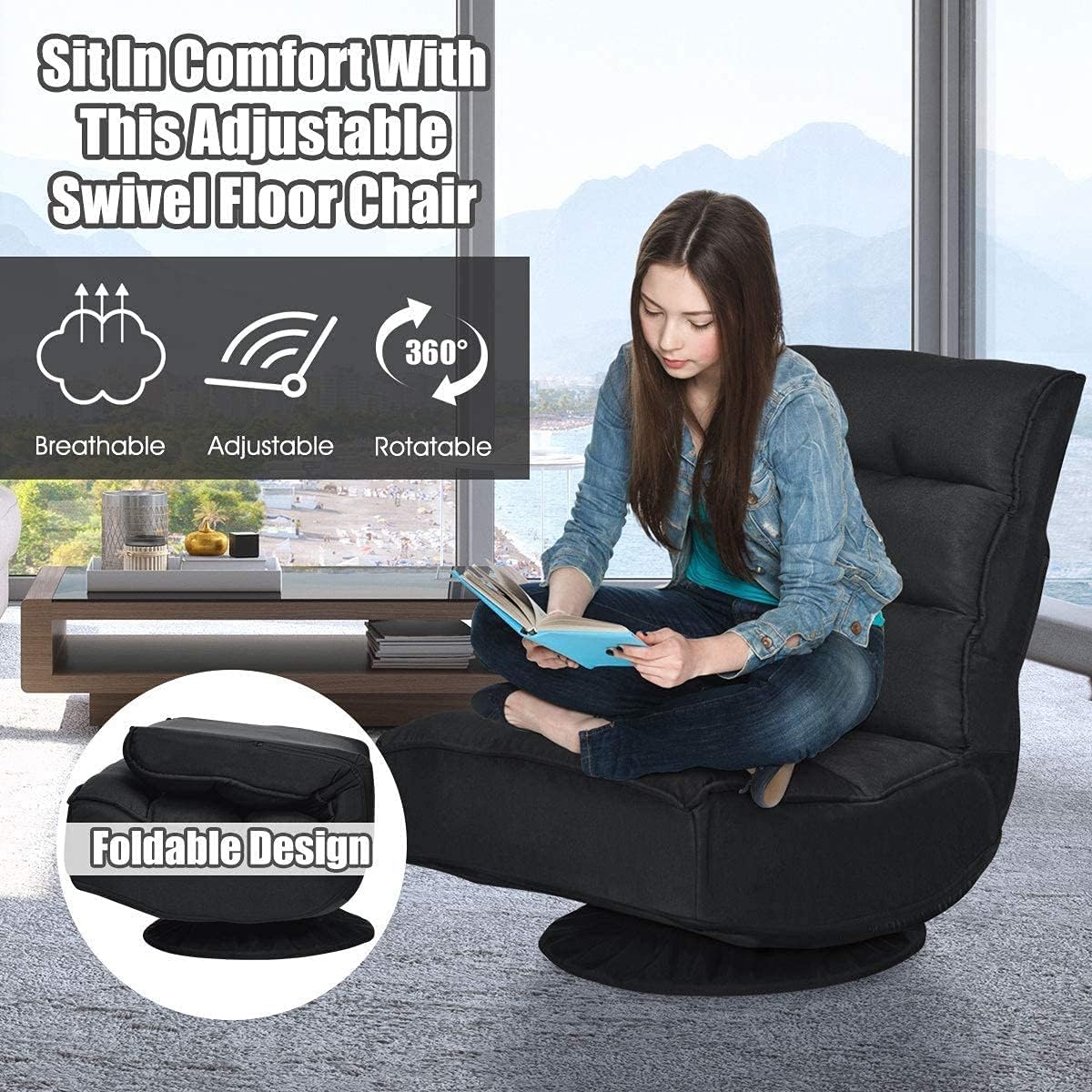FANTASK 360 Degree Swivel Floor Chair, Folding Floor Sofa w/ 5 Adjustable Positions & Backrest, Lazy Lounge Chair for Relaxing Reading Gaming TV Watching (Black)