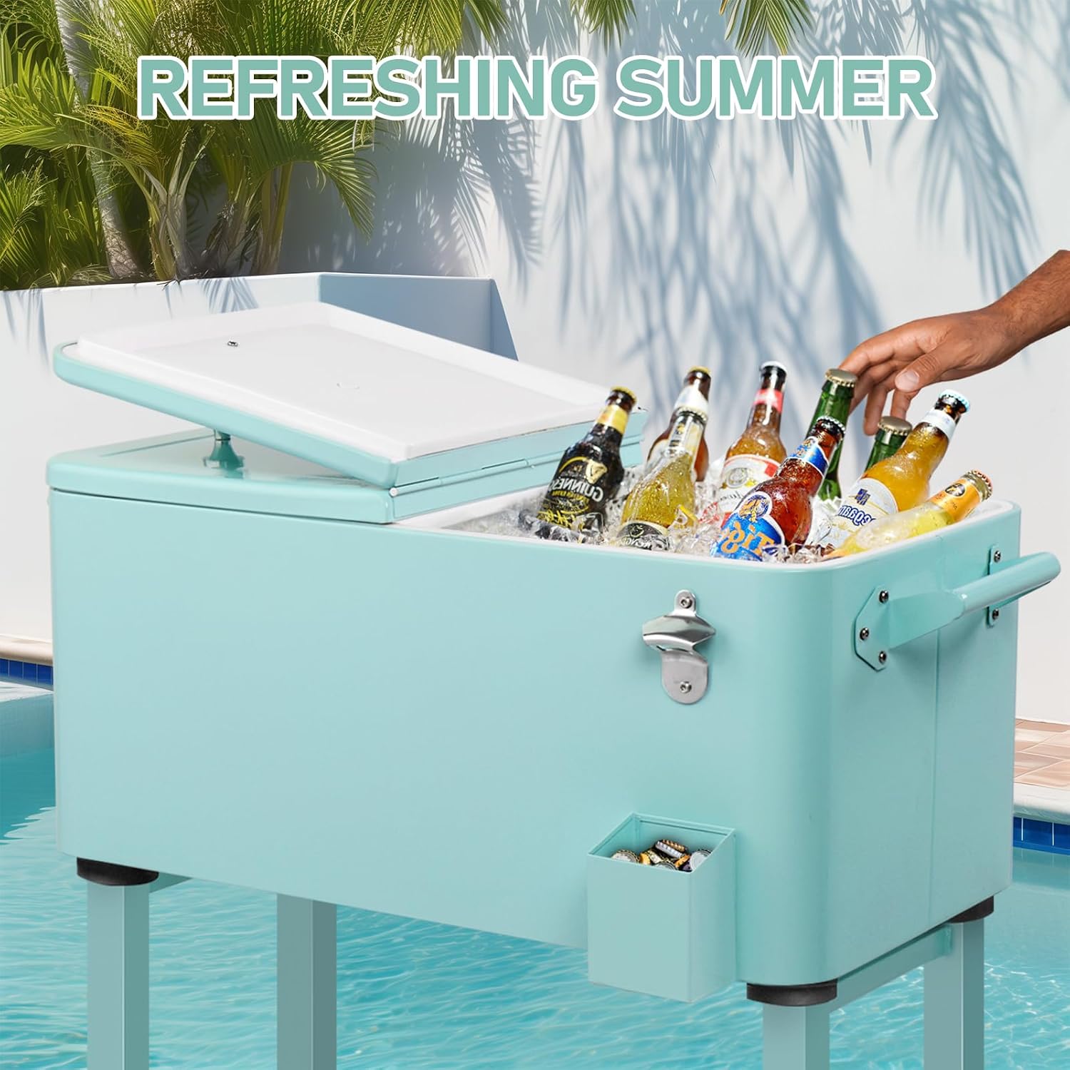 Outvita 80 Quart Rolling Ice Chest, Portable Bar Drink Cooler with Catch Basin, Bottom Storage Tray and Bottle Opener for Patio Party BBQ Beach Activities