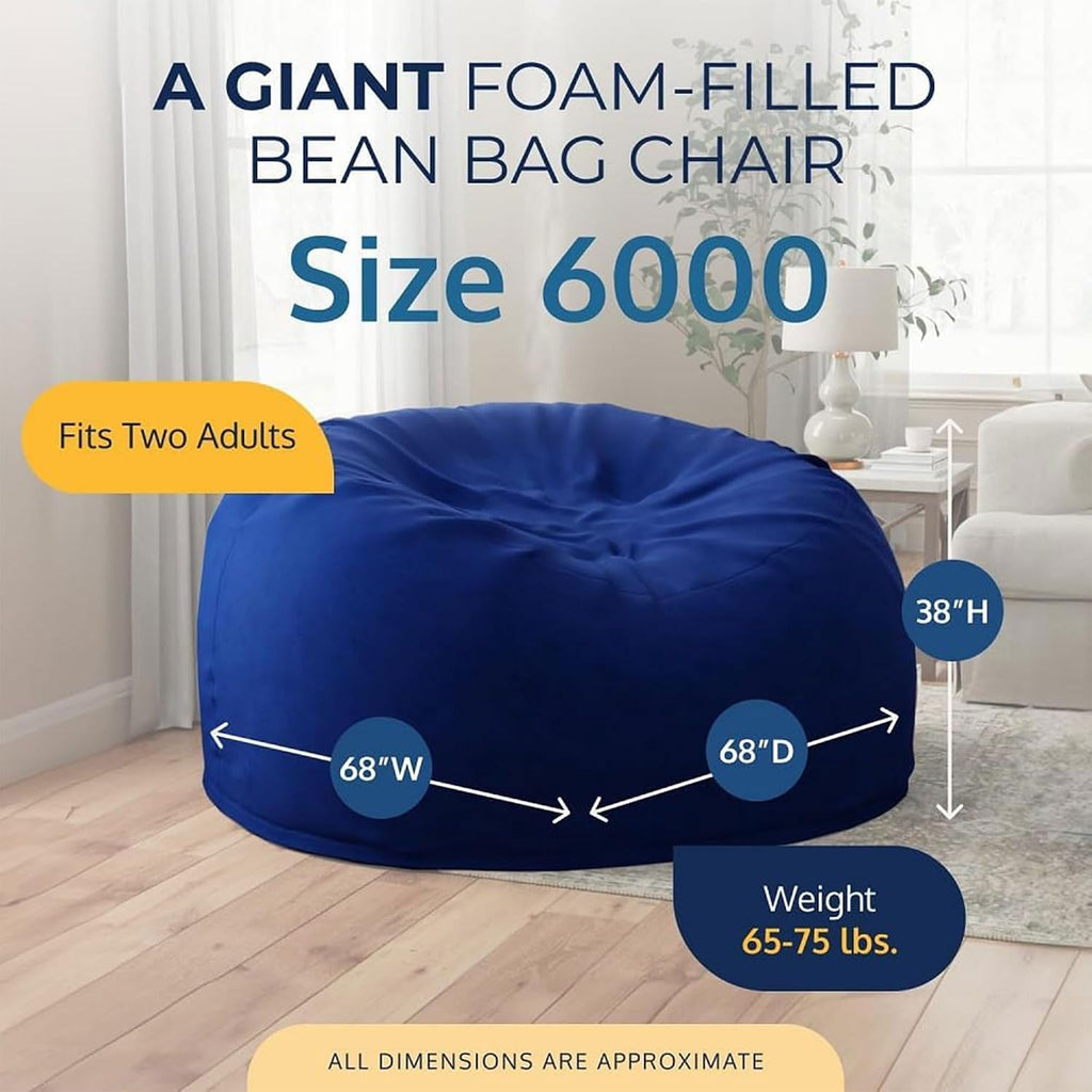 ULTIMATE SACK 6000 6-Foot Bean Bag Chair with Footstool, Electric Blue Suede Cover – Oversized Foam Lounger, Floor Seat, Small Sofa, or Couch Bed for Living Area, Gaming Room, or Reading Lounge