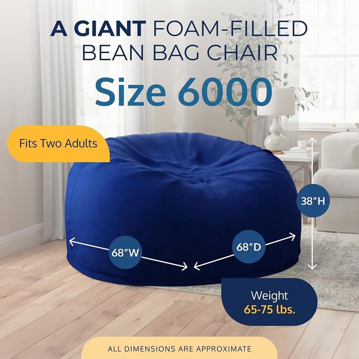 ULTIMATE SACK 6000 6-Foot Bean Bag Chair with Footstool, Electric Blue Suede Cover – Oversized Foam Lounger, Floor Seat, Small Sofa, or Couch Bed for Living Area, Gaming Room, or Reading Lounge