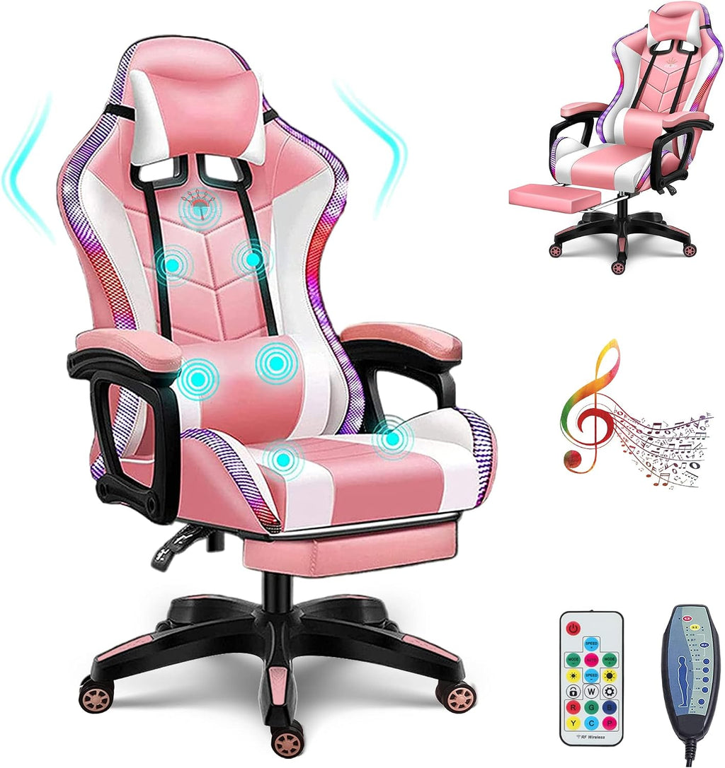 RGB Gaming Chair with Speakers Full Massage Video Game Chair with Footrest Ergonomic Office Chair PU Leather Recliner Swivel Computer Chair with Lumbar Support Headrest High Back Gamer Chair,Pink