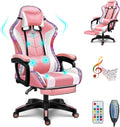 RGB Gaming Chair with Speakers Full Massage Video Game Chair with Footrest Ergonomic Office Chair PU Leather Recliner Swivel Computer Chair with Lumbar Support Headrest High Back Gamer Chair,Pink