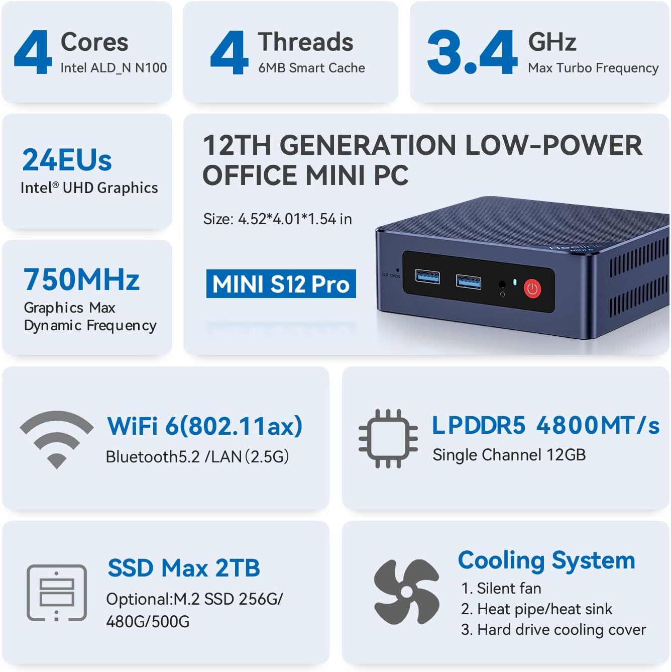 Beelink MINI S12 Pro Mini PC with N100 Processor, 12G LPDDR5 512G SSD Mini Desktop PC, 2.5G LAN, WiFi6, BT5.2, Dual HDMI, Business Mini Computer for Home Theater/Education/Offices, Win 11 Home