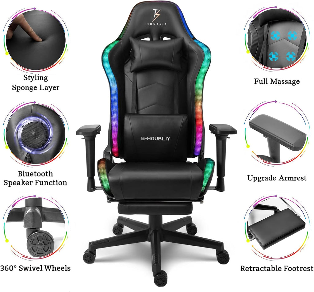 Computer Chair with Speakers Gaming Chair with RGB Lights and 7-Point Massage, High Back Ergonomic Video Game Chair, Reclining Gaming Chair with Footrest & 4D Armrests for Adults,Black