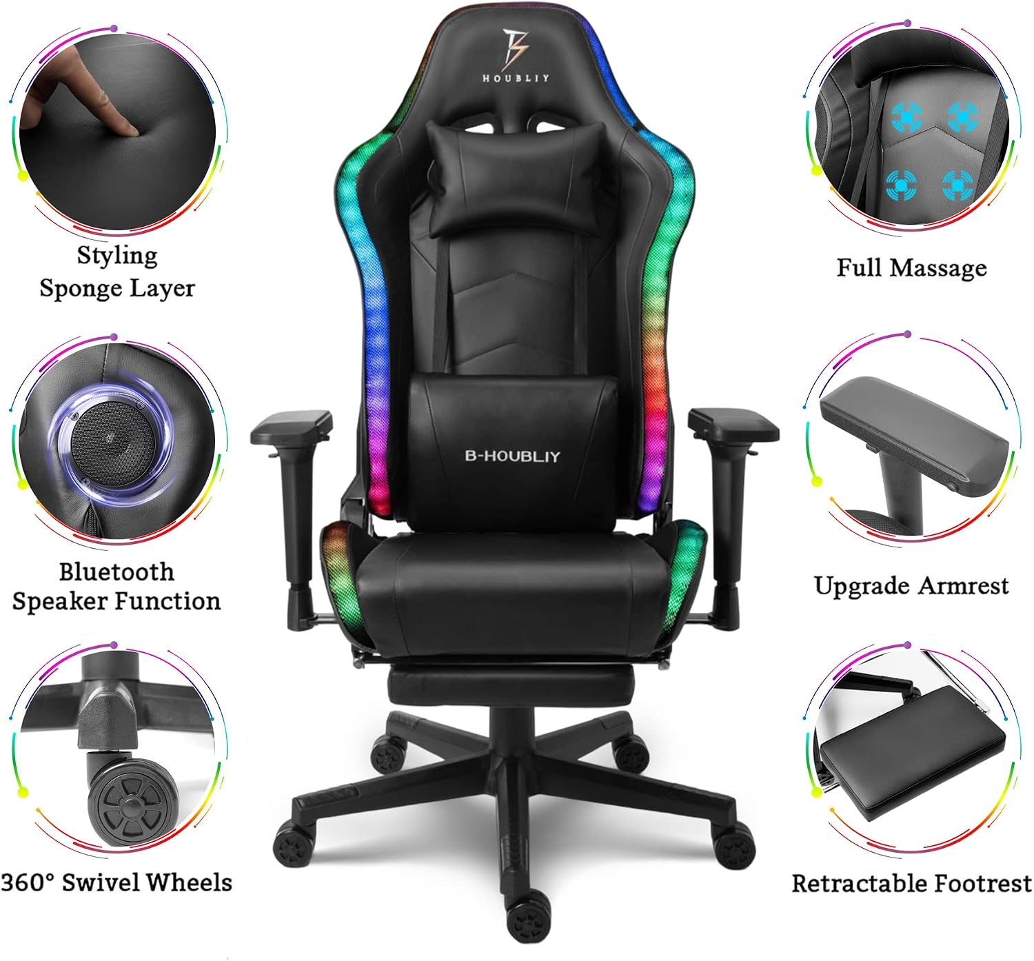 Big and Tall Gaming Chair with Speakers and RGB Lights 7-Point Massage Ergonomic PC Computer Chair with Footrest Headrest Lumbar Support 4D Armrests PU Leather Game Chair Racing Chair,Black