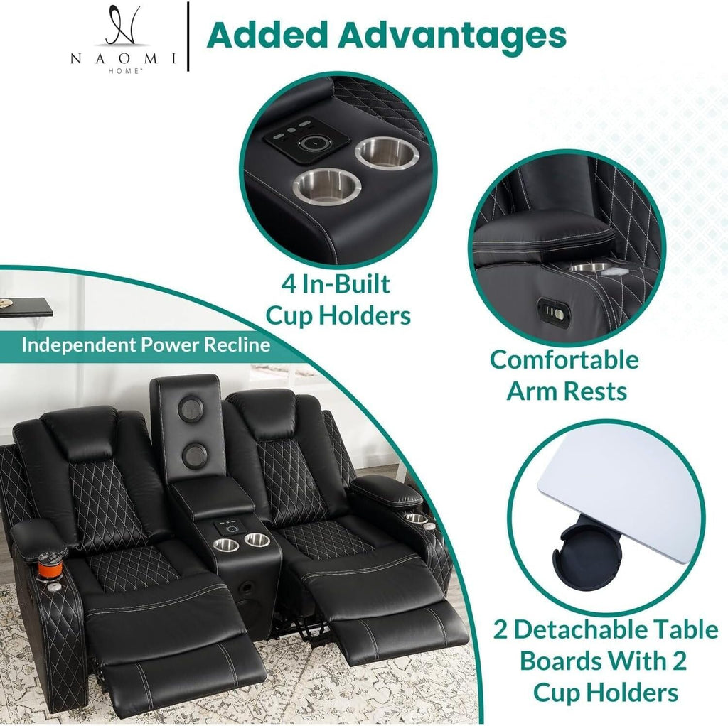Naomi Home Chicago Home Theater Recliner Chair – Bluetooth Speakers, Wireless Charging, Power Recline, Adjustable Headrest, LED Lighting, Cup Holders & Premium Faux Leather for Ultimate Comfort