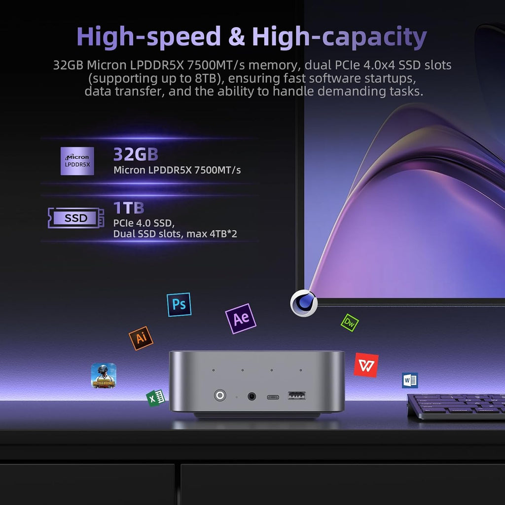 Beelink SER9 Pro+ AI Mini PC, AMD Ryzen 7 H255 (Up to 4.9GHz), 32GB LPDDR5X 7500MT/s 1TB NVMe SSD, Radeon 780M, Built-in Mic/Speaker, USB4, WiFi 6, 2.5G LAN, 4K@240Hz Triple Display, Desktop Computer