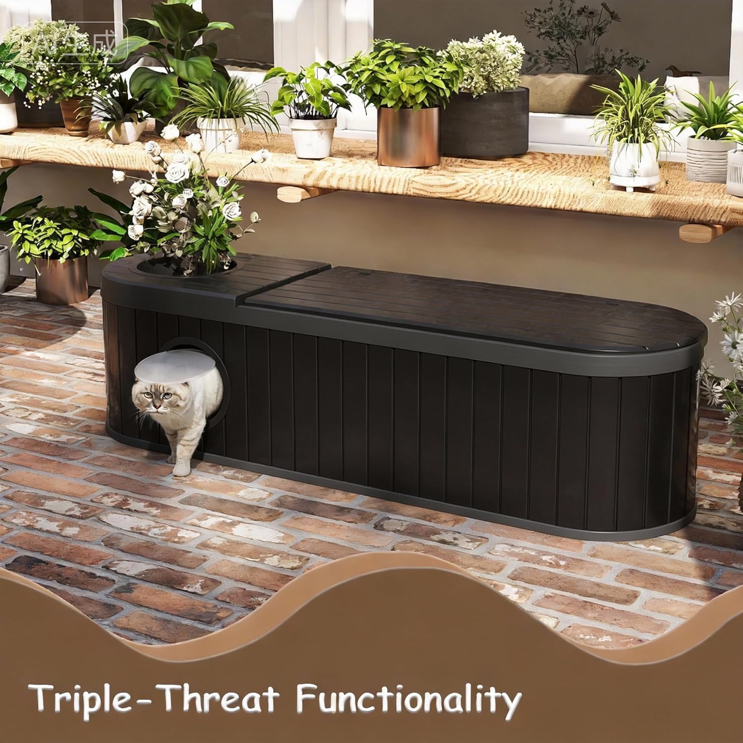 71 Gallon Storage Bench Deck Box Resin Patio Furniture with Armrest, Waterproof and UV Resistant Lockable for Patio Furniture, Garden Decor and Outdoor Seating for Cushions, Garden Tools