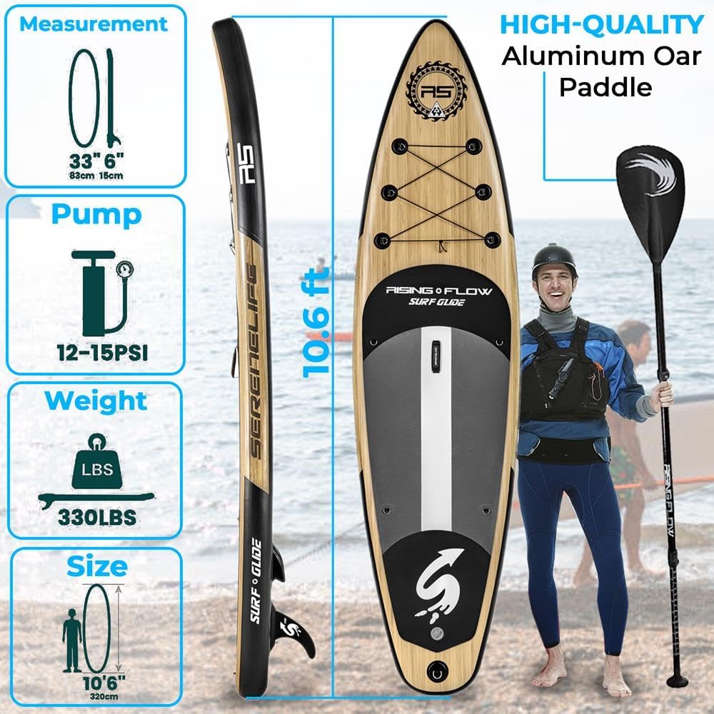 SereneLife Inflatable Stand Up Paddle Board and Detachable Seat - SUP Paddleboard Set for Adults and Youth, 32' Wide Design with Non-Slip EVA Deck Pad and Marine-Grade Materials, 350 lbs Capacity