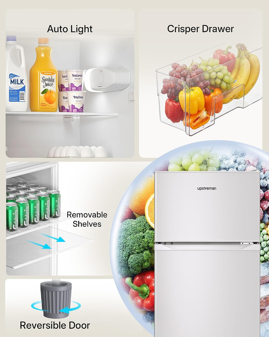 Upstreman 7.7 Cu Ft White Large Capacity Refrigerator with Freezer, Energy Efficient Compact Refrigerator, Adjustable Thermostat & Reversible Door for Apartment, Dorm, Office, Kitchen，White (BD-75)