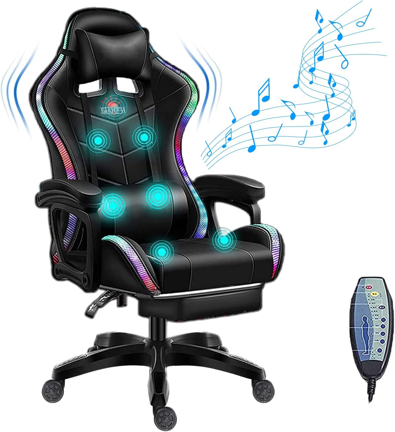 Massage Video Gaming Chair with Speakers, Ergonomic Recliner Computer Desk Chair, High Back PU Leather Office Chair Adjustable Swivel Reclining Chair with Lumbar Support and Footrest