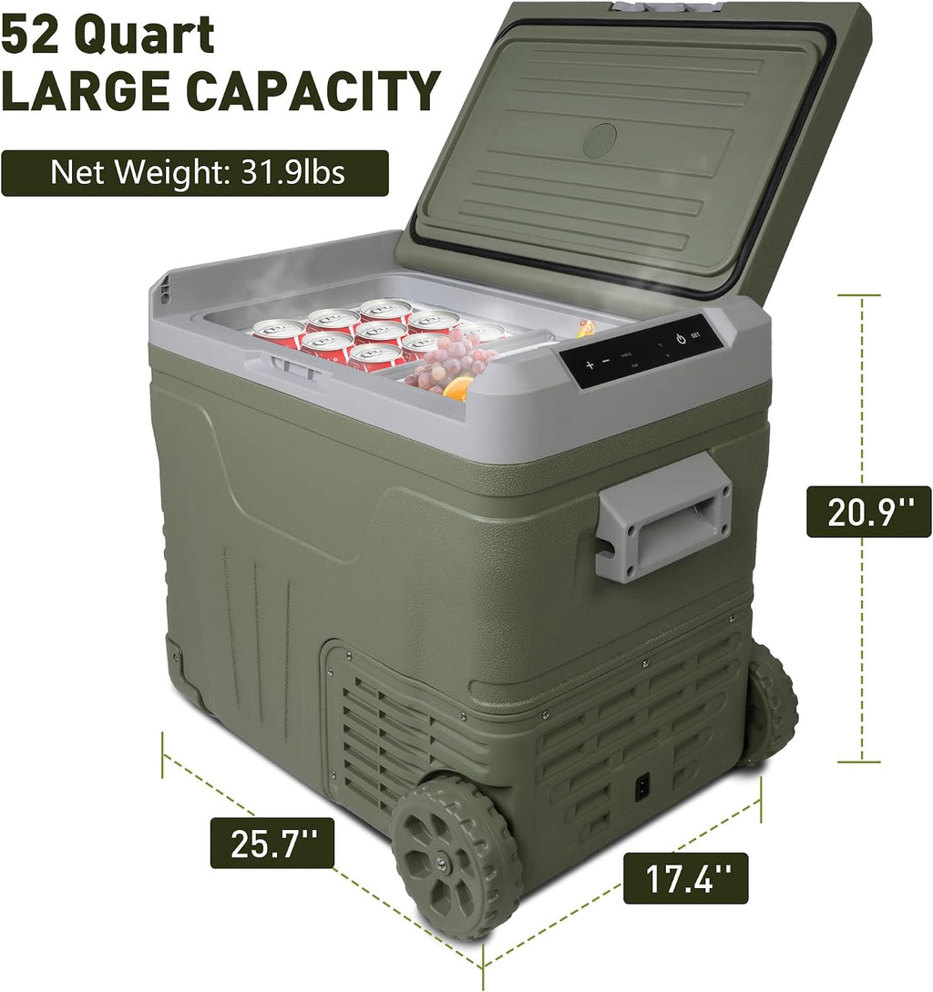 Portable 50L Car Refrigerator with Wheels & Pull Rod - Temperature Display (-4℉-68℉) electric coolers for vehicles, 12/24V DC & 100-240V AC - Ideal Car Freezer for Camping, RV, Home & Outdoor