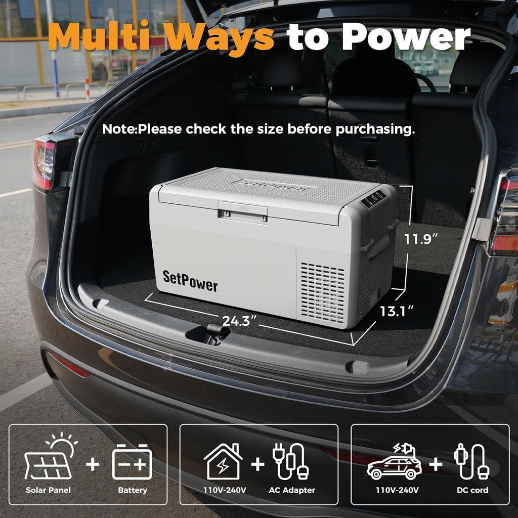 Setpower RF25 (Grey) 27 Quart Electric Cooler – 12/24V DC Car Refrigerator with PG216 Portable Power Station and Slide, Ideal for Vehicles, Camping, Truck, Van, RV, SUV, Road Trips & Travel