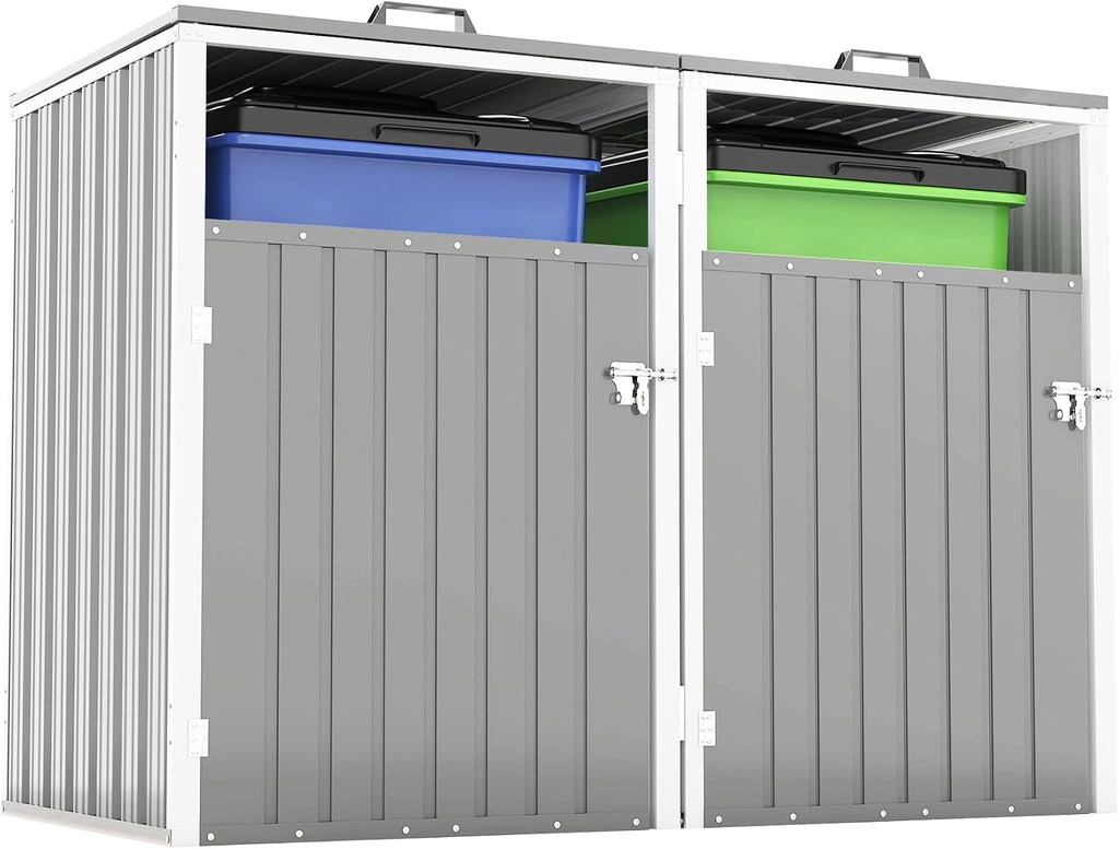 Outdoor Metal Garbage Bin Shed for 2 Trash Cans, Waterproof Galvanized Steel Double Trash Can Storage Shed with Hydraulic Lid, Lockable Door & Large Capacity for Garden Yard Patio, Light Gray