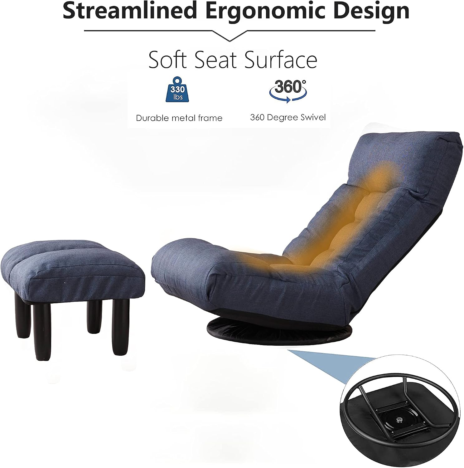 Yoglad Japanese Style Chaise Lounge Sofa Chair Floor Gaming Chair Lazy Sofa for Reading Game Meditating, 3 Adjustable Positions with Comfortable Backrest,Navy Blue (Navy Blue+Ottoman)