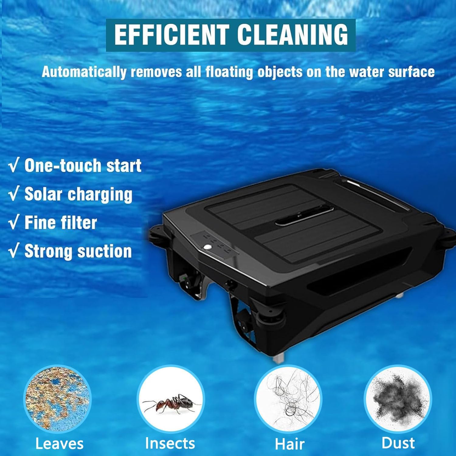 Pool Skimmer Robot, Pool Cleaner Vacuum Robot, 99.9% Debris Removal, 2 Speed Modes, Solar & Rechargeable Dual Mode Automatic Vacuum with Smart Obstacle Avoidance
