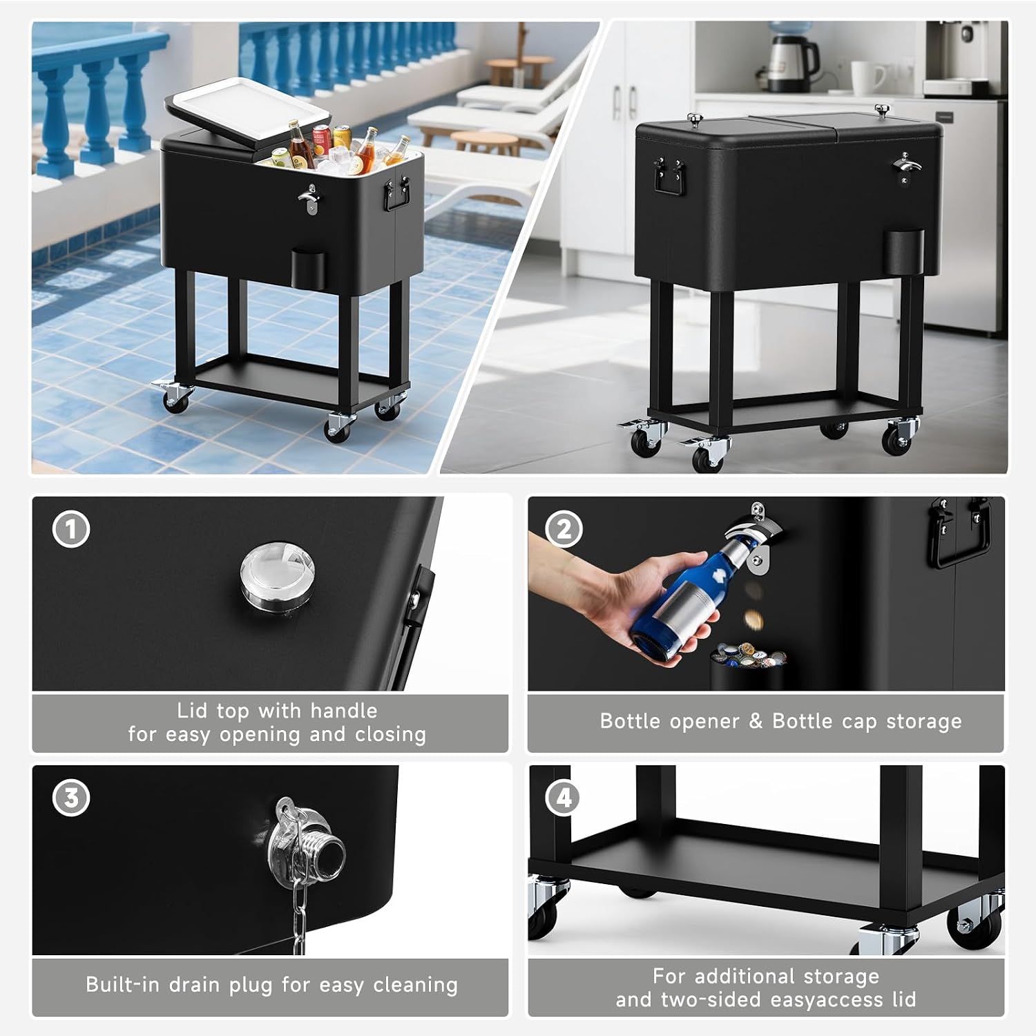 Ice Chest with Wheels, 60 Quart Portable Rolling Cooler with Bottle Opener & Cap Collector & Bottom Storage Tray for Patio Party & BBQ & Beach Activities