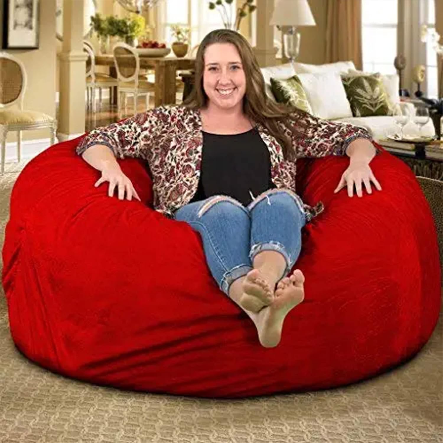 ULTIMATE SACK 5000 5-Foot Bean Bag Chair, Red Suede Cover – Oversized Foam Lounger, Floor Seat, Small Sofa, or Couch Bed for Living Area, Gaming Room, or Reading Lounge