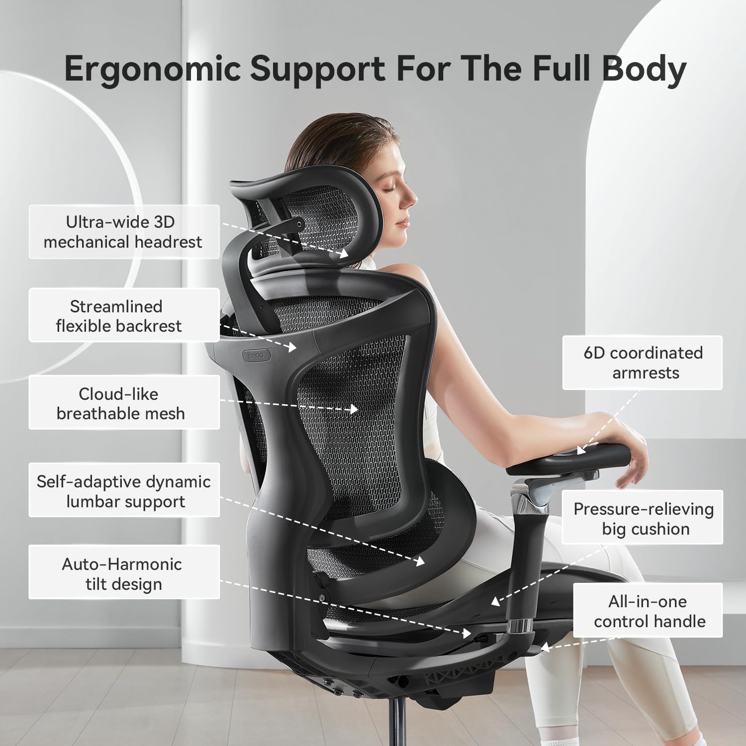 SIHOO Doro C300 Pro Ergonomic Office Chair with Ultra-Soft 6D Armrests, Dynamic Lumbar Support, Seat Depth Adjustment, Adjustable Backrest, Big and Tall Desk Chair for Home Office (Black)