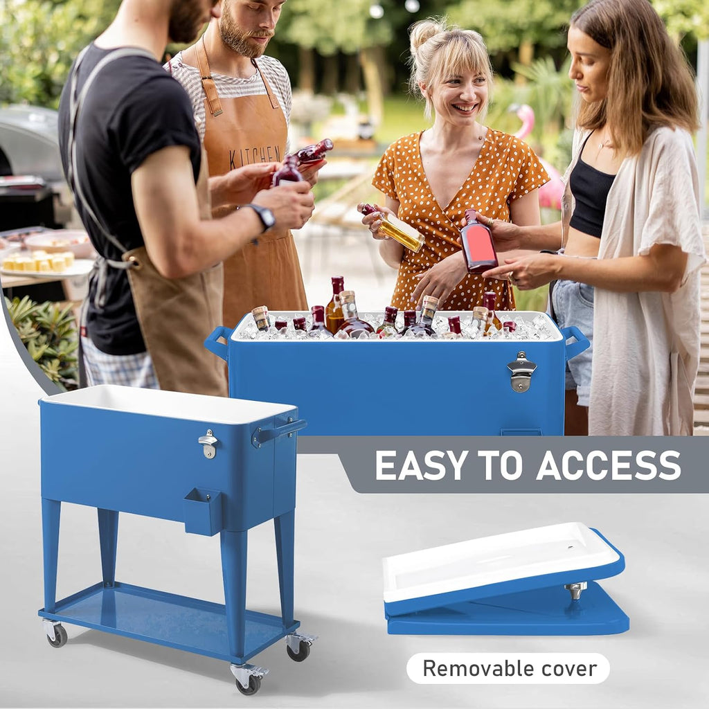 Outvita 80 Quart Rolling Ice Chest, Portable Bar Drink Cooler with Catch Basin, Bottom Storage Tray and Bottle Opener for Patio Party BBQ Beach Activities