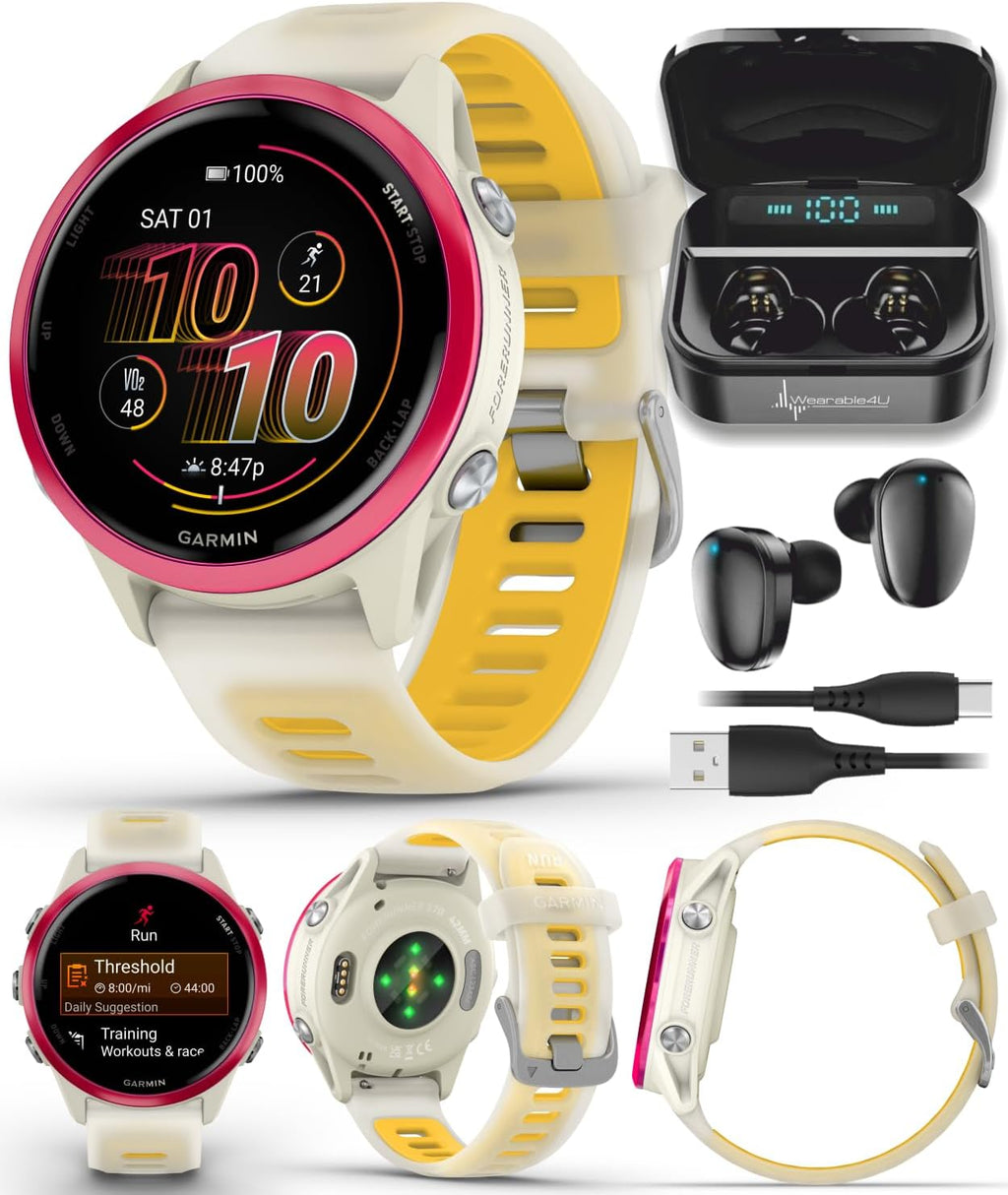 Garmin Forerunner 570 42mm Advanced GPS Running & Triathlon Smartwatch AMOLED Display Training & Recovery Features, Raspberry Aluminum w/Translucent Bone/Mango Band w/ Wearable4U Black Earbuds Bundle