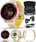Garmin Forerunner 570 42mm Advanced GPS Running & Triathlon Smartwatch AMOLED Display Training & Recovery Features, Raspberry Aluminum w/Translucent Bone/Mango Band w/ Wearable4U Black Earbuds Bundle