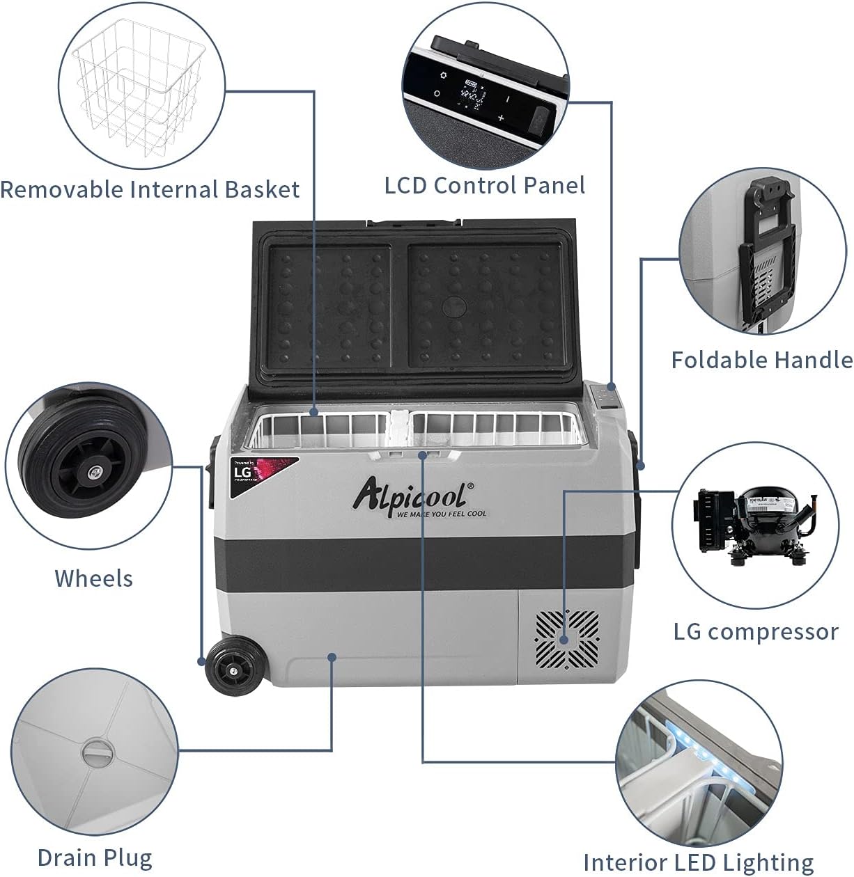 Alpicool LGT50 Dual Temperature Control 12 Volt Refrigerator 53 Quart Portable Car Fridge Freezer (-4°F~68°F) for Truck, RV, Boat, Camping and Travel