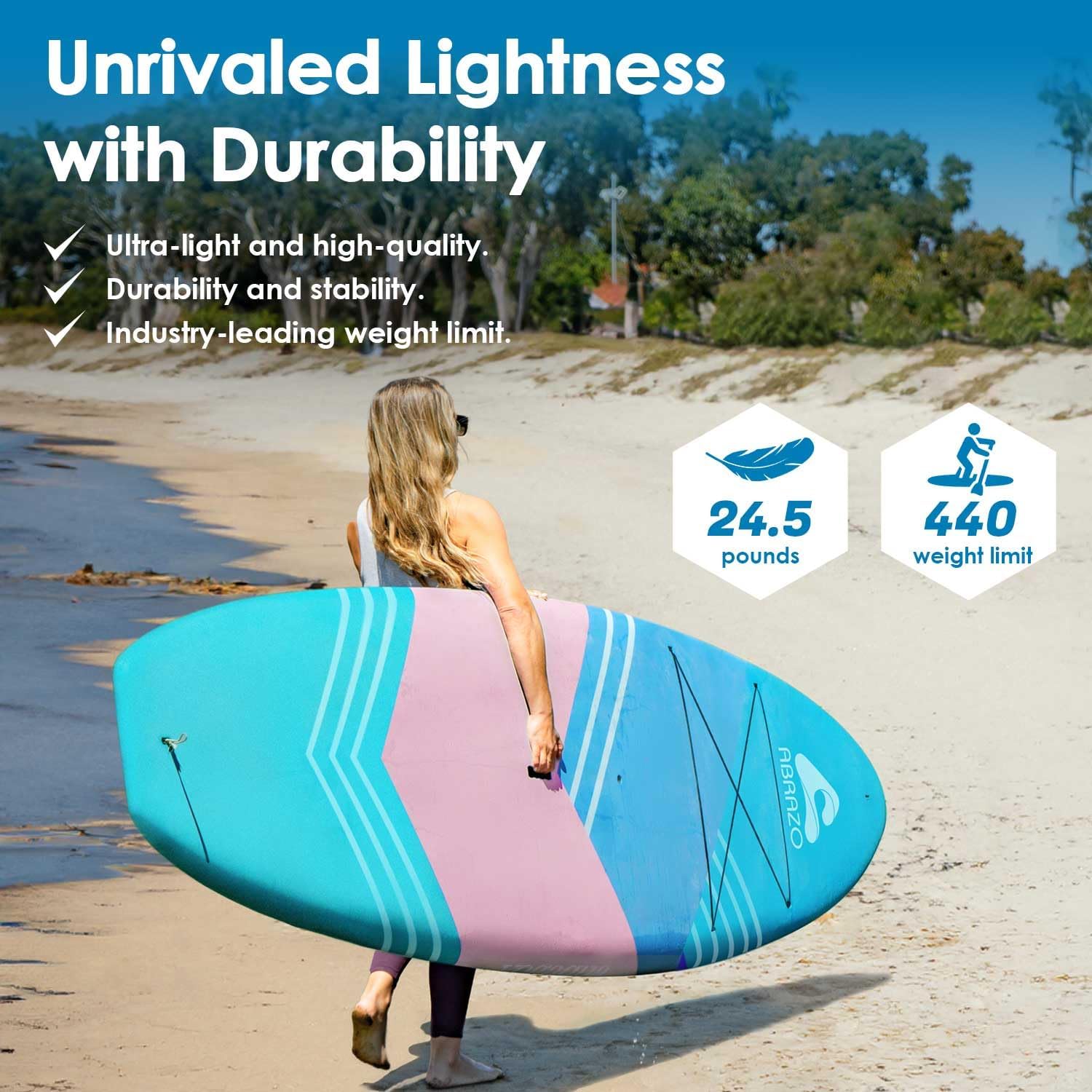 Abrazo YOGAqua 10'6' x 34' x 5' Rigid Stand Up Paddle Board, Extra Wide Hardboard Designed by Yoga Guru, Versatile Yoga SUP with Paddle/Ankle Leash/Bottom Fin, Non-Slip EVA Deck, Encased in Fiberglass
