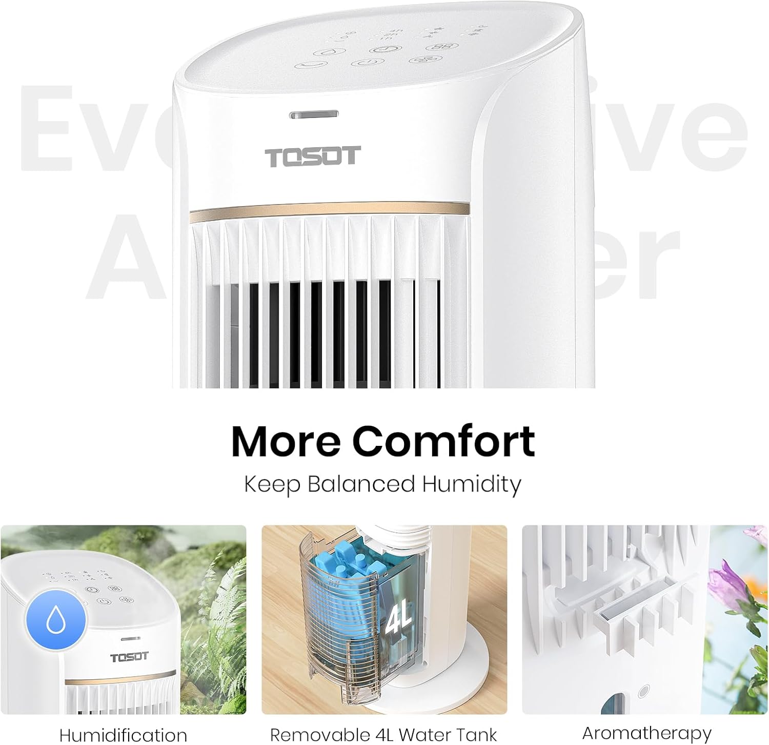 TOSOT Evaporative Air Cooler, 43' Tower Fan Oscillating 80°, 3 Speed Quiet Cooling Fan with 2 Ice Packs, Remote Control, Removable 4L Water Tank, Mist Floor Fan for Home Bedroom
